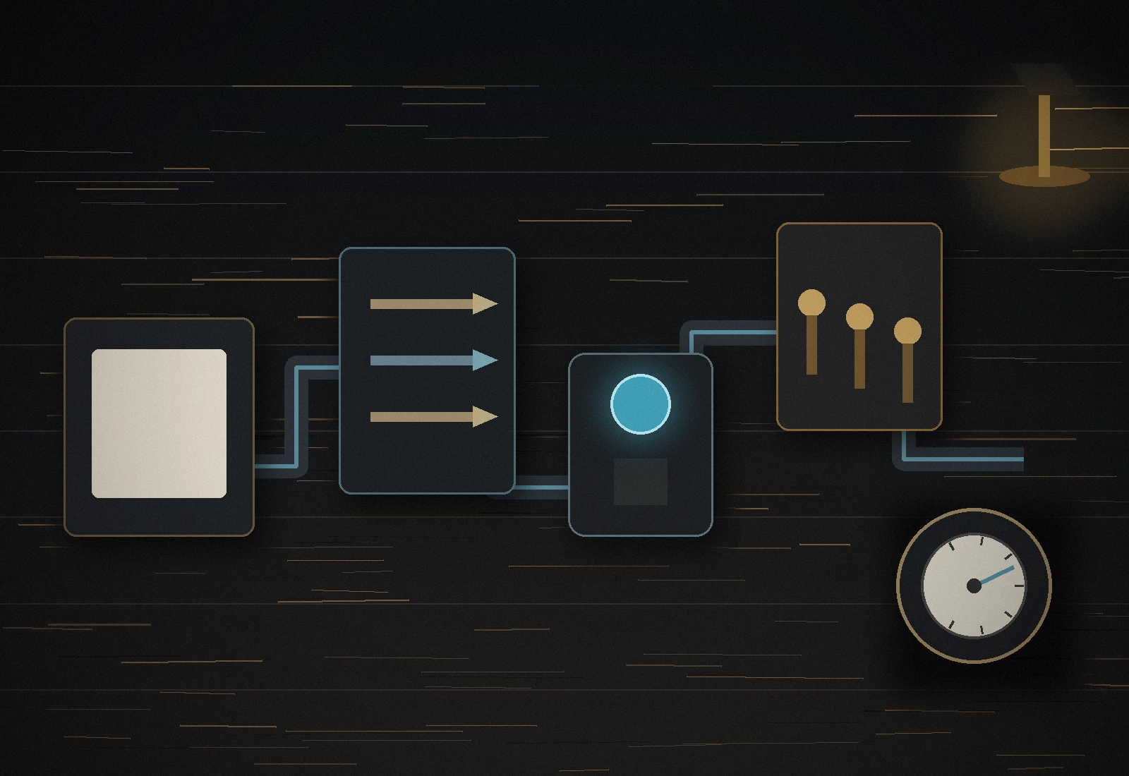 Physical workflow stations representing a connected service-lead path